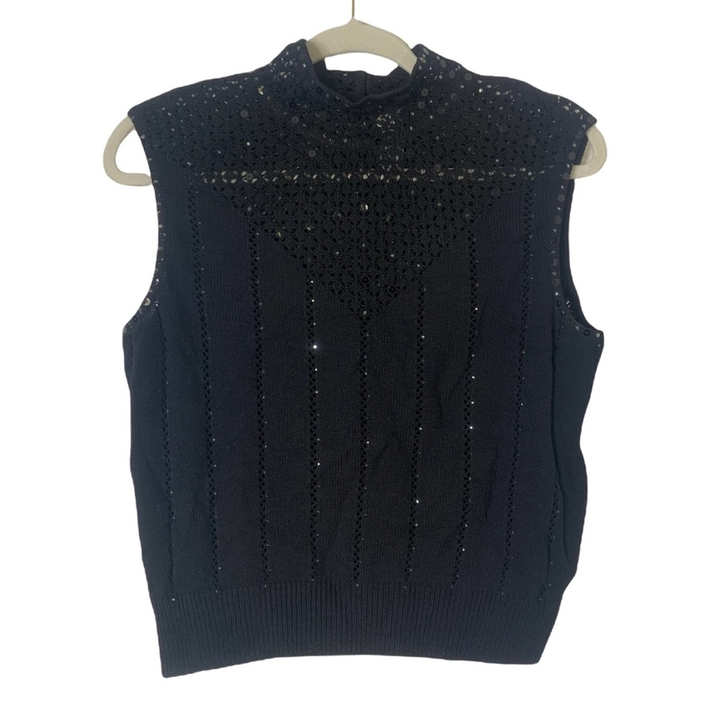 St. John Black Sleeveless Knit Shell with Eyelet Detail